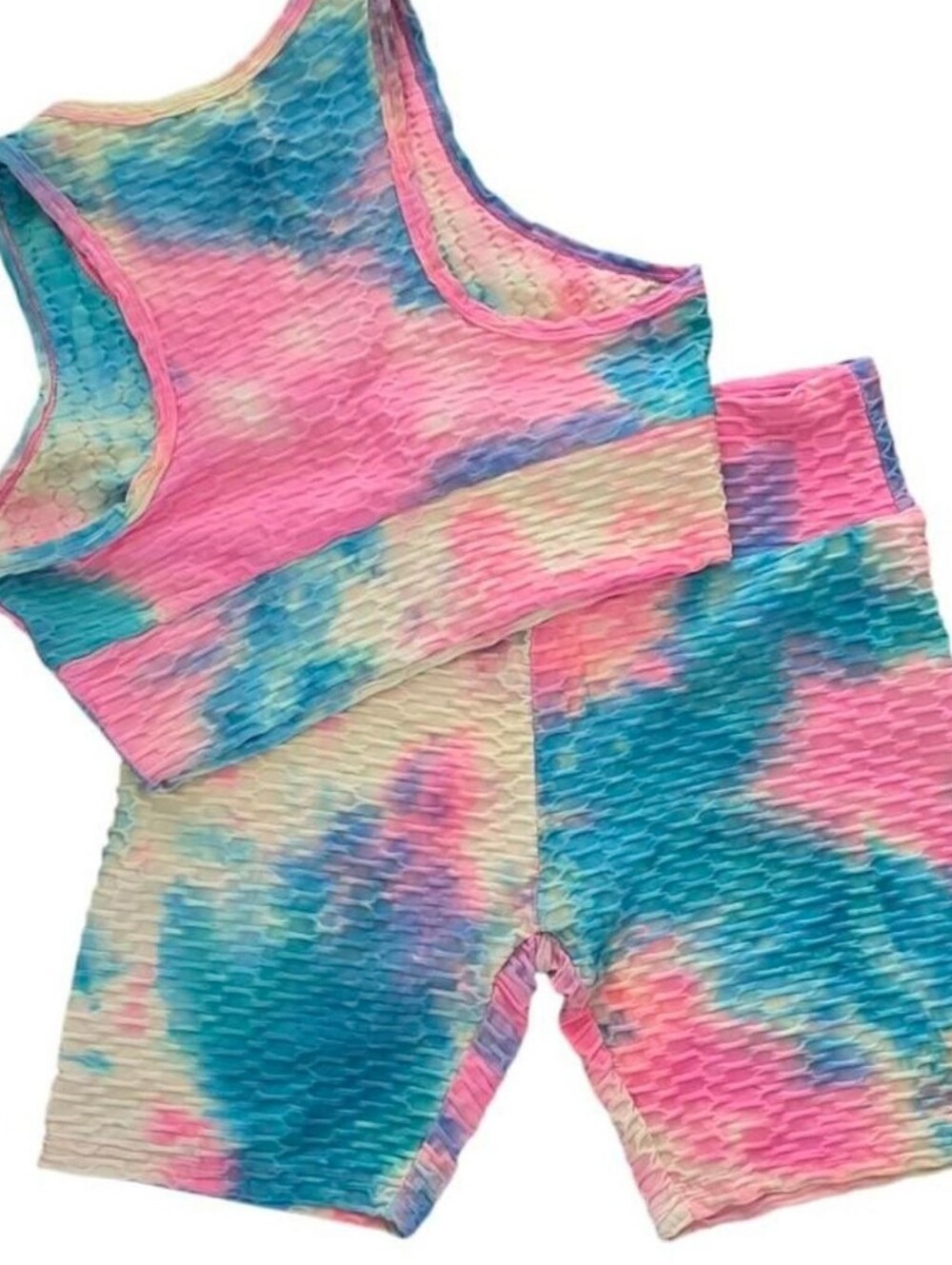 Gym Set Tie-Dye Ribbed Sports Bra & Workout Shorts Pink & Multicolor Medium - Picture 6 of 6